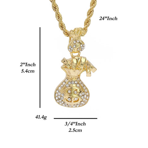 Cz Money Bag Pendant 24" Rope Chain Hip Hop 18k Jewelry Necklace