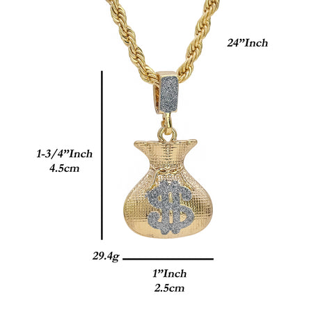 Stardust Money Bag Pendant 24" Rope Chain Hip Hop 18k Jewelry Necklace