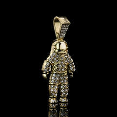 Space Man Iced Pendant 14K Gold 24" Inch 4mm Rope Choker Chain