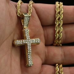 Sharp Two Cross Pendant 24" Rope Chain Hip Hop 18k Cz Jewelry Necklace