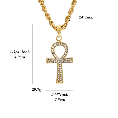 Egyptian Ankh Pendant 24" Rope Chain Hip Hop 18k Jewelry Necklace