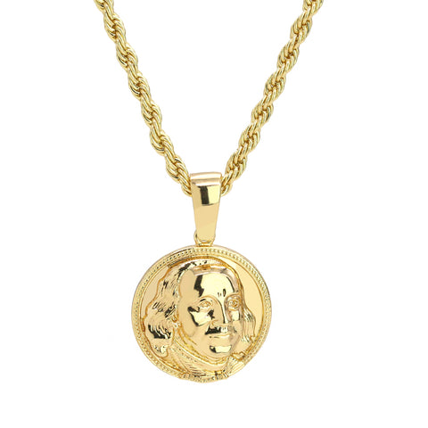 Benjamin Coin Pendant 24" Rope Chain Men's Hip Hop 18k Jewelry