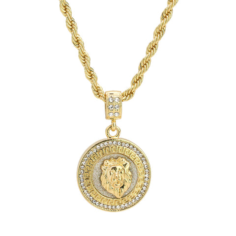 Lion Stardust Coin Pendant 24" Rope Chain Men's Hip Hop 18k Jewelry