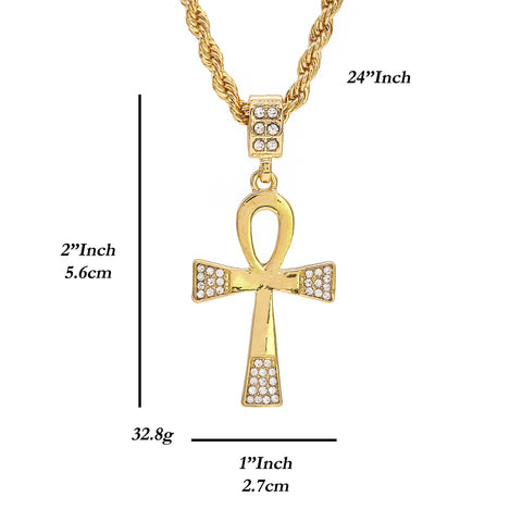 Edge Iced Ankh Pendant 24" Rope Chain Hip Hop 18k Jewelry