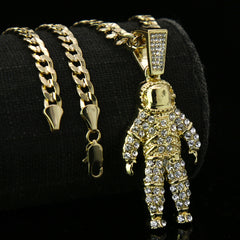 Exquisite Fully Iced Astronaut Space Man 14k Gold PT Pendant 24" Cuban Chain