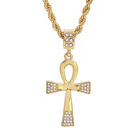 Edge Iced Ankh Pendant 24" Rope Chain Hip Hop 18k Jewelry