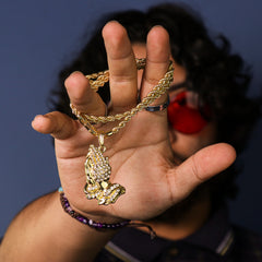 6 god Prayer Hand Pendant 24" Rope Chain Men's 18k Gold Plated Jewelry