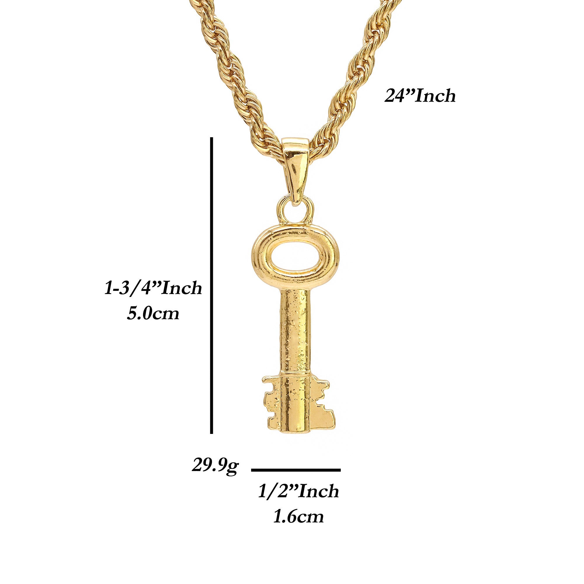 Skeleton Key Pendant 24" Rope Chain Hip Hop 18k Jewelry Necklace