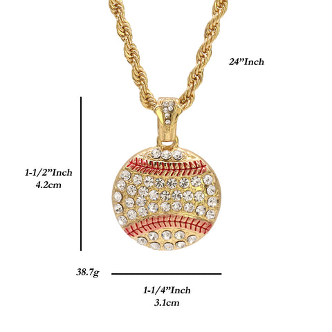 Baseball Charm Pendant 24" Rope Chain Hip Hop 18k Jewelry