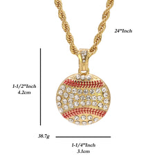 Baseball Charm Pendant 24" Rope Chain Hip Hop 18k Jewelry