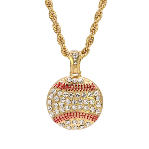 Baseball Charm Pendant 24" Rope Chain Hip Hop 18k Jewelry