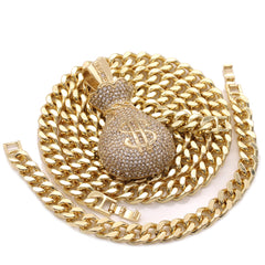 Men's Gold Plated Hip-Hop XL Fully Cz Money Bag Cuban 10mm 30 & Bracelet 3pc Set