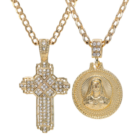 Round Jesus Heart & Hollow X Cross Pendant 20, 24" Cubic-Zirconia Gold Plated Cuban Chain