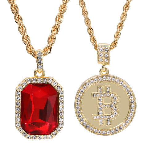 Gold Plated Red Stone & Mirror Bitcoin Pendant Cubic-Zirconia Rope Chain