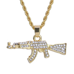 Iced Micro Ak Pendant 24" Rope Chain Hip Hop Style 18k Gold PT