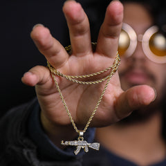 Iced Micro Ak Pendant 24" Rope Chain Hip Hop Style 18k Gold PT