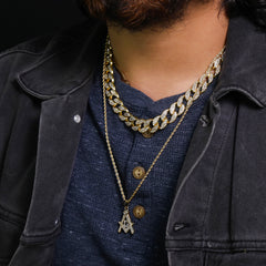 Micro Free Mason Pendant 24" Rope Chain Hip Hop Style 18k Gold PT