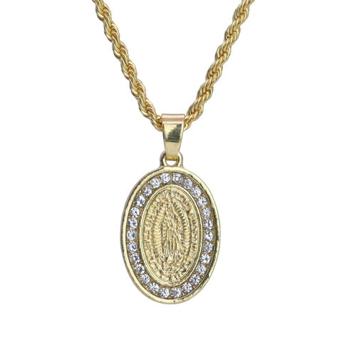 Micro Guadalupe Oval Pendant 24" Rope Chain Hip Hop Style 18k Gold PT