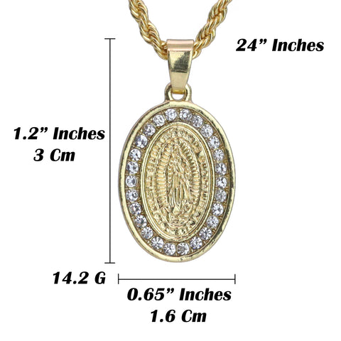 Micro Guadalupe Oval Pendant 24" Rope Chain Hip Hop Style 18k Gold PT