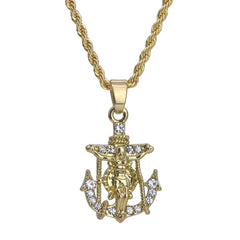 Micro Jesus Anchor Pendant 24" Rope Chain Hip Hop Style 18k Gold PT