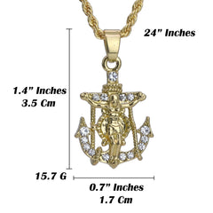 Micro Jesus Anchor Pendant 24" Rope Chain Hip Hop Style 18k Gold PT