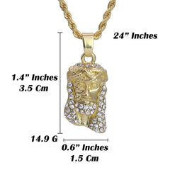 Micro Jesus Face Pendant 24" Rope Chain Hip Hop Style 18k Gold PT