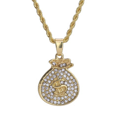 Micro Money bag Pendant 24" Rope Chain Hip Hop Style 18k Gold PT