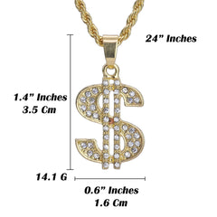 Micro Money Sign Pendant 24" Rope Chain Hip Hop Style 18k Gold PT