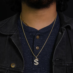 Micro Money Sign Pendant 24" Rope Chain Hip Hop Style 18k Gold PT