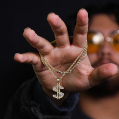 Micro Money Sign Pendant 24" Rope Chain Hip Hop Style 18k Gold PT