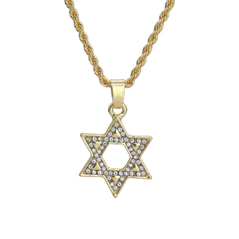 Micro Star Of David Pendant 24" Rope Chain Hip Hop Style 18k Gold PT