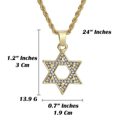 Micro Star Of David Pendant 24" Rope Chain Hip Hop Style 18k Gold PT