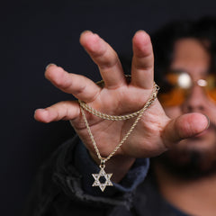 Micro Star Of David Pendant 24" Rope Chain Hip Hop Style 18k Gold PT