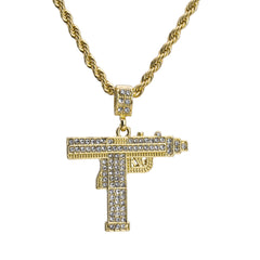 Mini Uzi Pendant 24" Rope Chain Hip Hop Style 18k Gold Plated