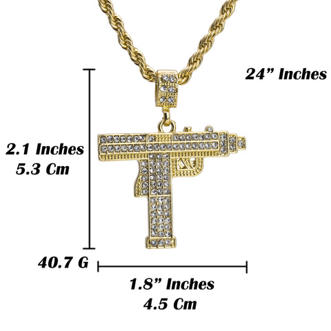 Mini Uzi Pendant 24" Rope Chain Hip Hop Style 18k Gold Plated