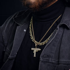 Mini Uzi Pendant 24" Rope Chain Hip Hop Style 18k Gold Plated