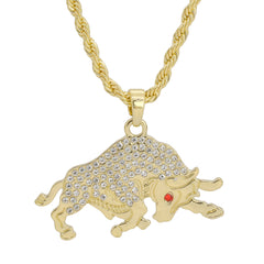 Red Eye Cz Bull Pendant 24" Rope Chain Hip Hop 18k Jewelry