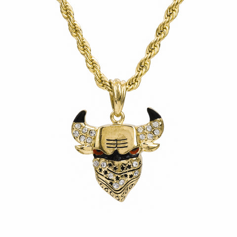 Red Eye Masked Bull Pendant 18K 24" Rope Chain Hip Hop Jewelry