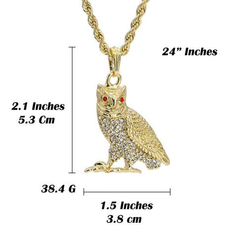 Red Eye Owl Pendant 24" Rope Chain Hip Hop Style 18k Gold Plated Necklace