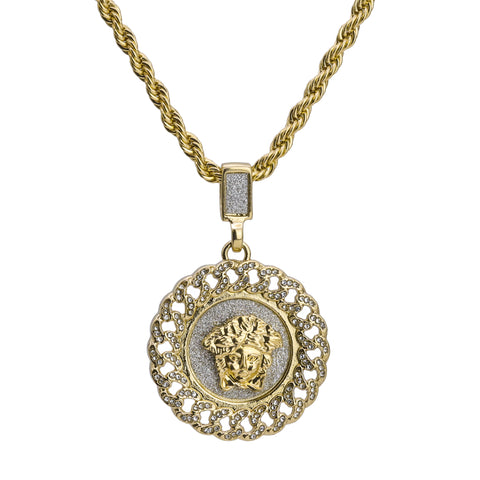 Cz Round Medusa Pendant 24" Rope Chain Hip Hop Style 18k Gold Plated