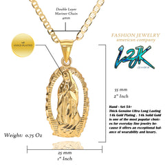 Hollow Virgin Guadalupe Pendant Mariner Chain 20" Gold Plated