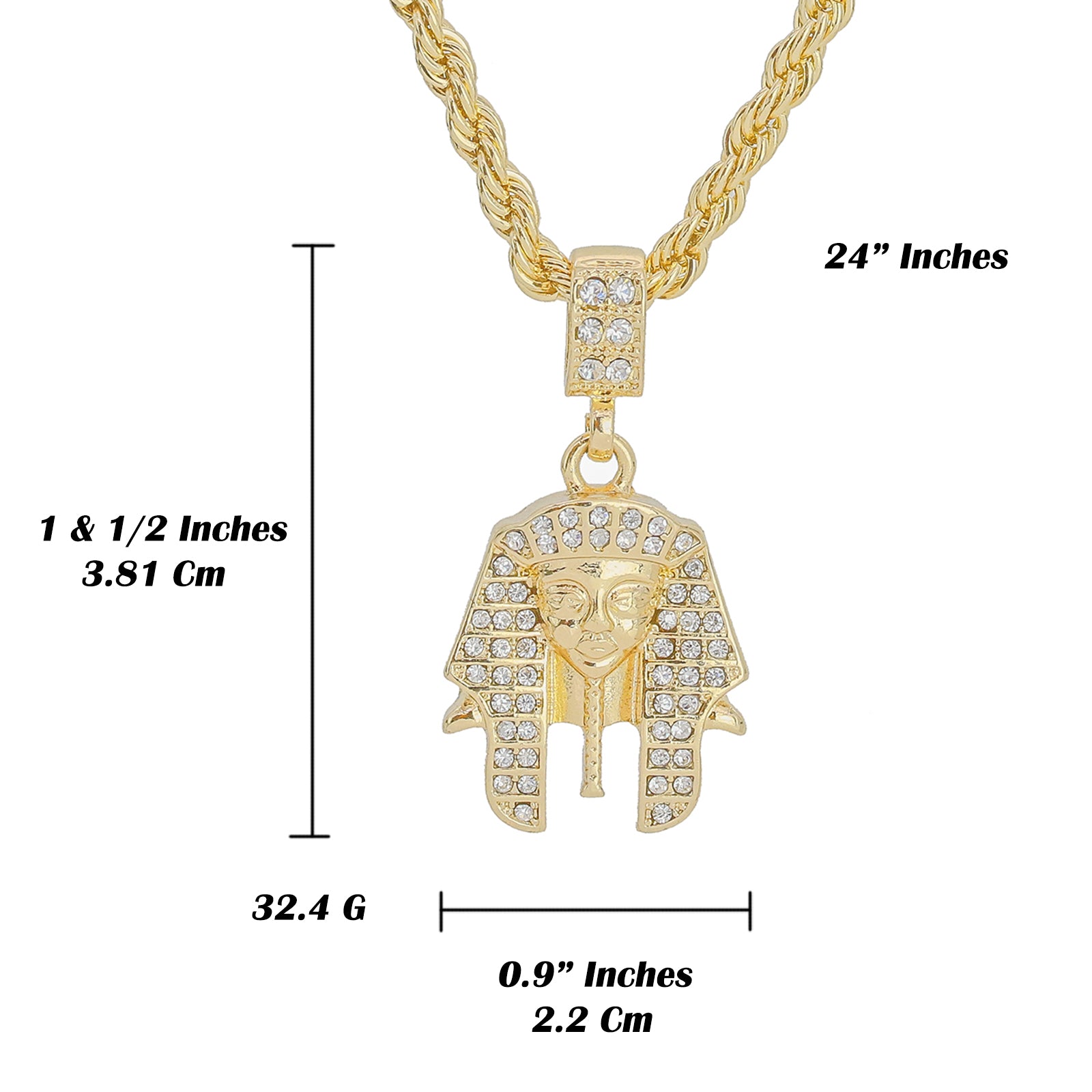 Small Cz Pharaoh Pendant 4mm 24" Rope Chain 18k Gold Plated