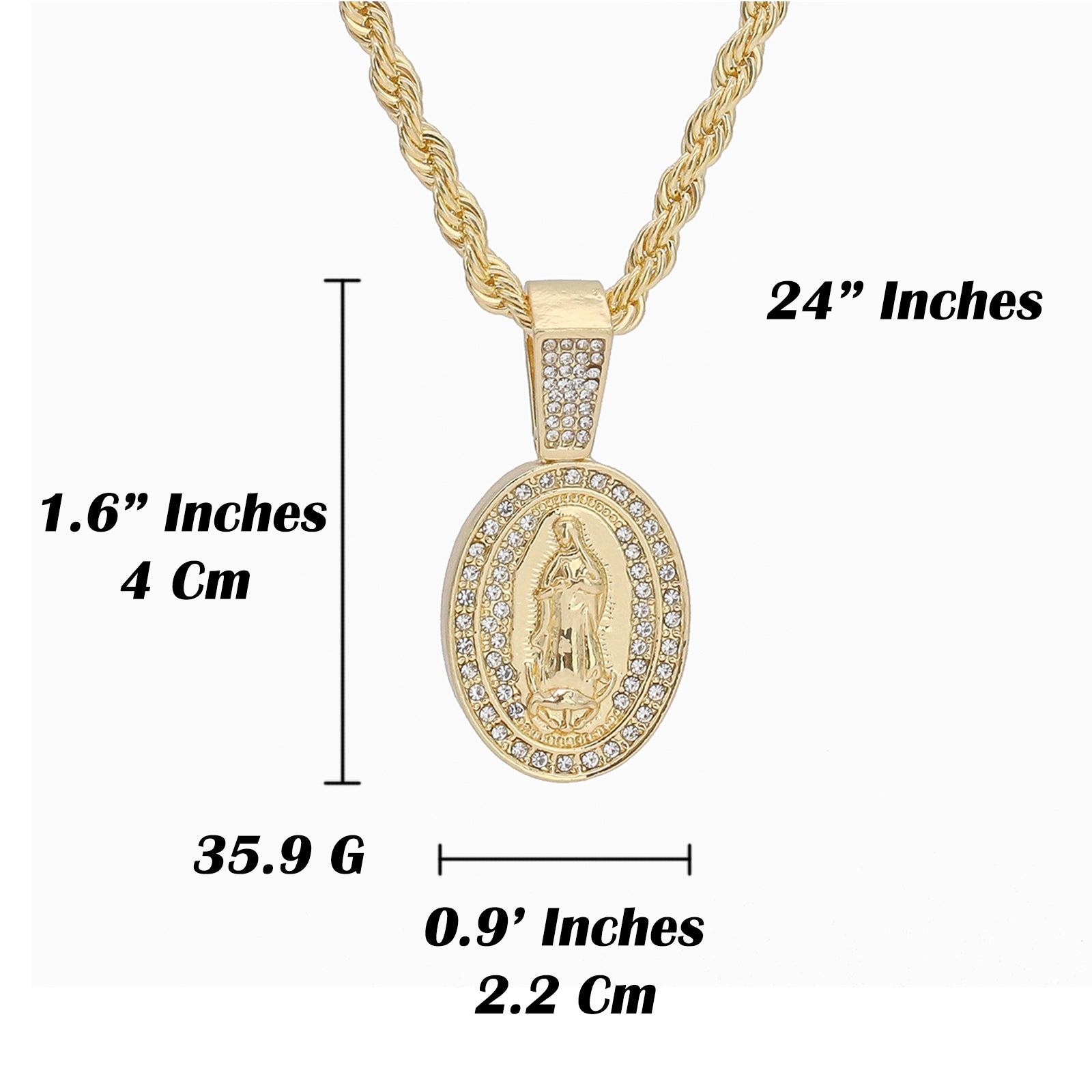 Small Iced Guadalupe Oval Pendant Rope Chain Men's Hip Hop 18k Cz Jewelry Necklace Choker