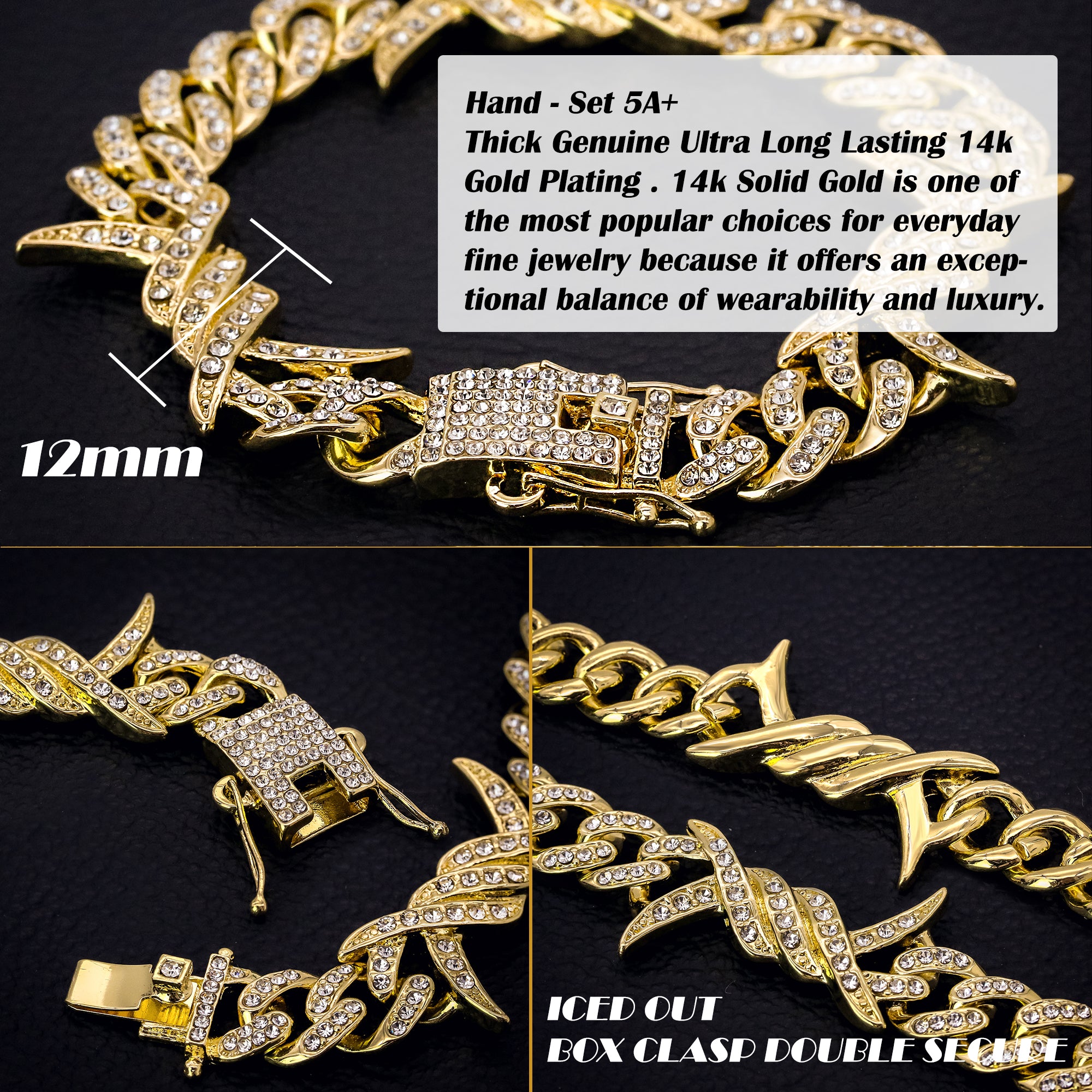Barbed Wire Bracelet Cuban Link Iced 14k Gold Plated 9"