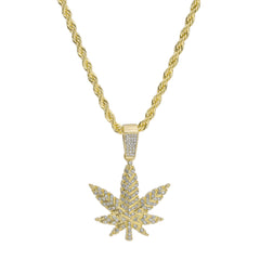 Cz Stripped Weed Leaf Pendant 24" Rope Chain Men's 18k Gold Plated Jewelry