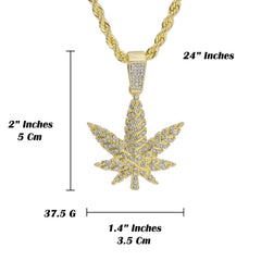 Cz Stripped Weed Leaf Pendant 24" Rope Chain Men's 18k Gold Plated Jewelry