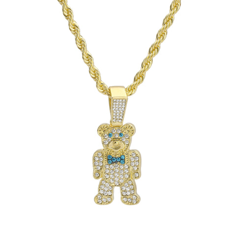 Blue Bowtie Bear Pendant Rope Necklace Chain Men's Hip Hop 18k Cz Jewelry