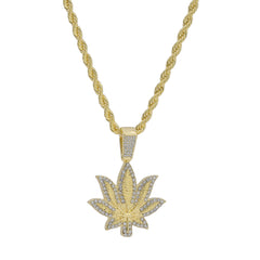 Cz Border Weed Leaf Pendant 24" Rope Chain Men's 18k Gold Plated Jewelry