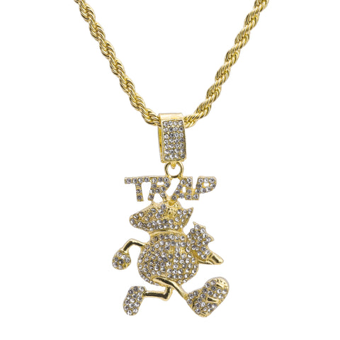 Trap Running Money Bag Pendant 24" Rope Chain Hip Hop Style 18k Gold Plated