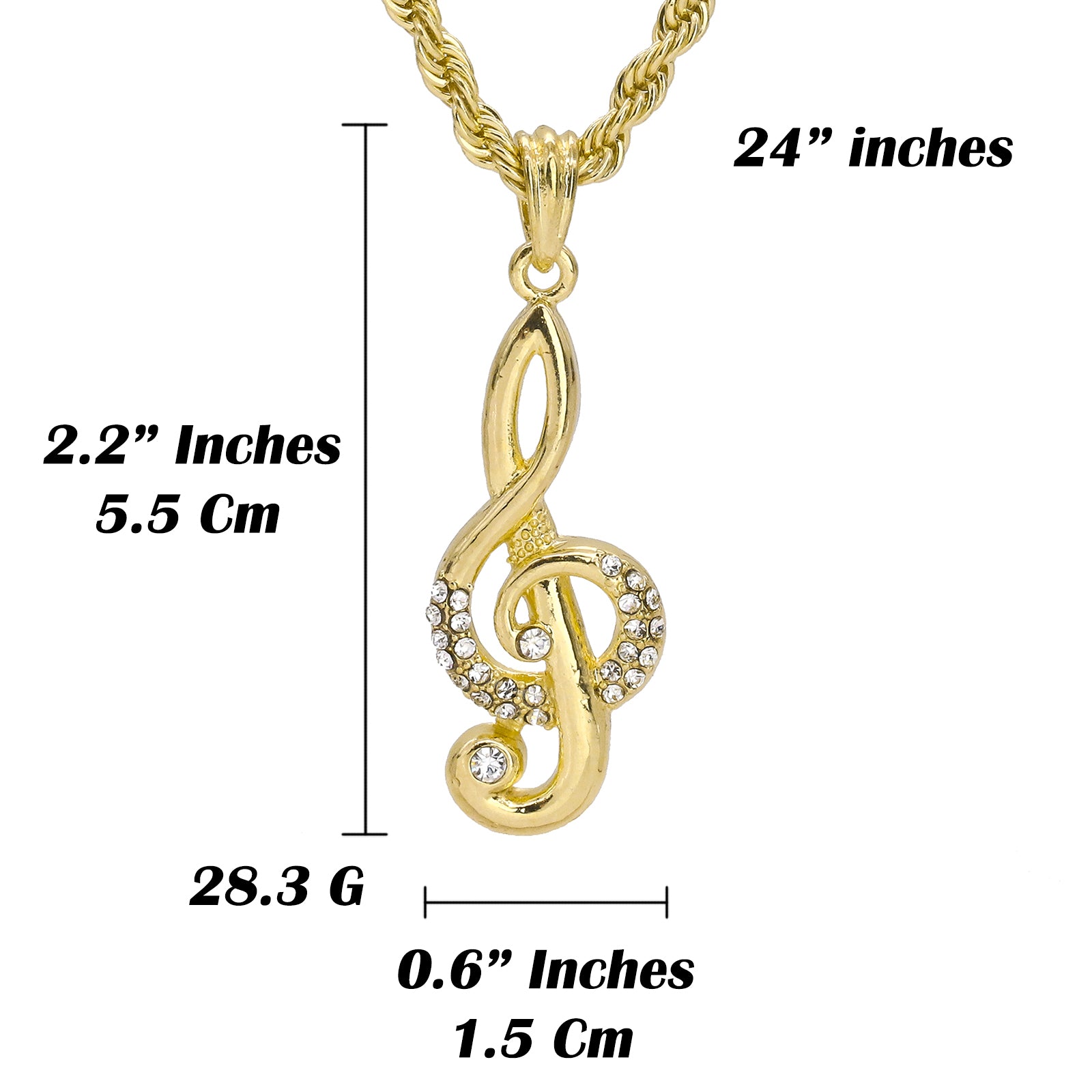 Treble Clef Pendant 24" Rope Chain Hip Hop Style 18k Gold Plated